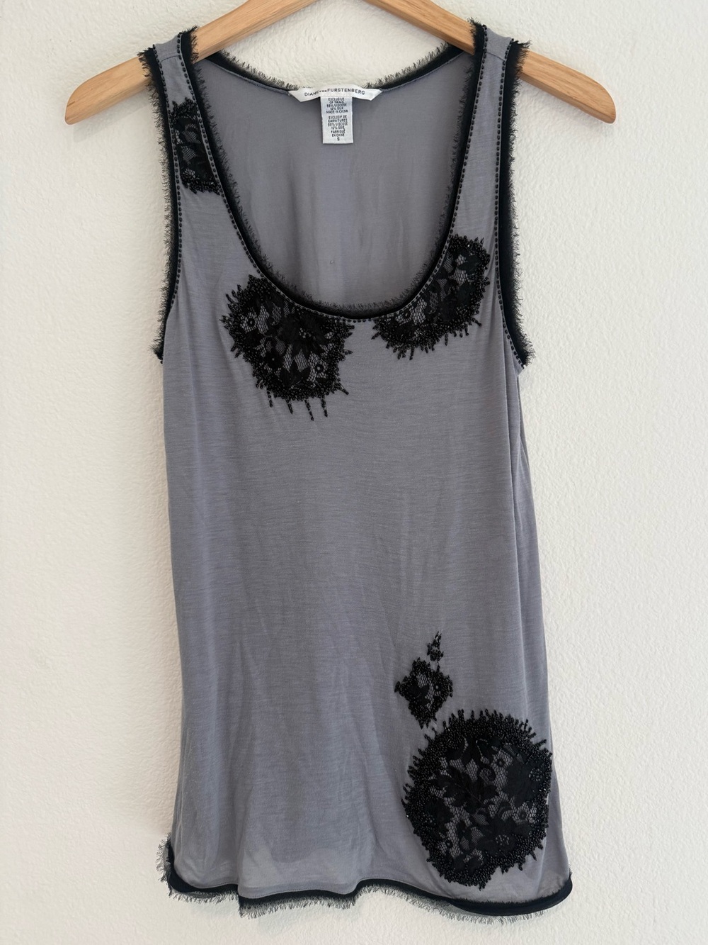 Diane Von Furstenberg KAMA embellished beaded tank black Lace Viscose Silk